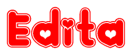 The image is a red and white graphic with the word Edita written in a decorative script. Each letter in  is contained within its own outlined bubble-like shape. Inside each letter, there is a white heart symbol.