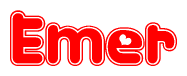 The image is a red and white graphic with the word Emer written in a decorative script. Each letter in  is contained within its own outlined bubble-like shape. Inside each letter, there is a white heart symbol.