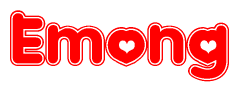 The image is a clipart featuring the word Emong written in a stylized font with a heart shape replacing inserted into the center of each letter. The color scheme of the text and hearts is red with a light outline.