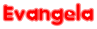 The image displays the word Evangela written in a stylized red font with hearts inside the letters.