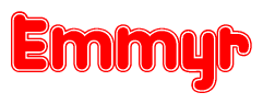 The image is a red and white graphic with the word Emmyr written in a decorative script. Each letter in  is contained within its own outlined bubble-like shape. Inside each letter, there is a white heart symbol.