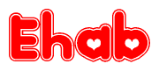 The image is a red and white graphic with the word Ehab written in a decorative script. Each letter in  is contained within its own outlined bubble-like shape. Inside each letter, there is a white heart symbol.