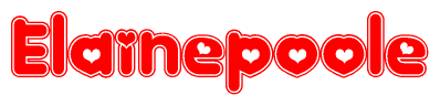 The image is a red and white graphic with the word Elainepoole written in a decorative script. Each letter in  is contained within its own outlined bubble-like shape. Inside each letter, there is a white heart symbol.