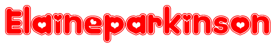 The image is a red and white graphic with the word Elaineparkinson written in a decorative script. Each letter in  is contained within its own outlined bubble-like shape. Inside each letter, there is a white heart symbol.