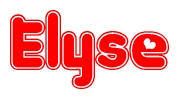 The image is a red and white graphic with the word Elyse written in a decorative script. Each letter in  is contained within its own outlined bubble-like shape. Inside each letter, there is a white heart symbol.