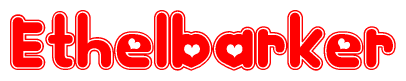 The image is a red and white graphic with the word Ethelbarker written in a decorative script. Each letter in  is contained within its own outlined bubble-like shape. Inside each letter, there is a white heart symbol.