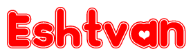 The image is a red and white graphic with the word Eshtvan written in a decorative script. Each letter in  is contained within its own outlined bubble-like shape. Inside each letter, there is a white heart symbol.