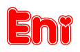   The image is a red and white graphic with the word Eni written in a decorative script. Each letter in  is contained within its own outlined bubble-like shape. Inside each letter, there is a white heart symbol. 