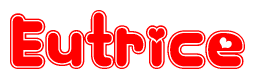 The image is a red and white graphic with the word Eutrice written in a decorative script. Each letter in  is contained within its own outlined bubble-like shape. Inside each letter, there is a white heart symbol.