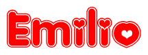 The image is a clipart featuring the word Emilio written in a stylized font with a heart shape replacing inserted into the center of each letter. The color scheme of the text and hearts is red with a light outline.