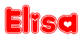 The image is a red and white graphic with the word Elisa written in a decorative script. Each letter in  is contained within its own outlined bubble-like shape. Inside each letter, there is a white heart symbol.