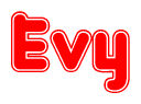 The image displays the word Evy written in a stylized red font with hearts inside the letters.