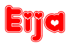 The image is a red and white graphic with the word Eija written in a decorative script. Each letter in  is contained within its own outlined bubble-like shape. Inside each letter, there is a white heart symbol.