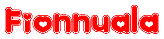 The image is a red and white graphic with the word Fionnuala written in a decorative script. Each letter in  is contained within its own outlined bubble-like shape. Inside each letter, there is a white heart symbol.