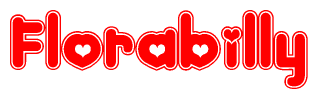 The image is a red and white graphic with the word Florabilly written in a decorative script. Each letter in  is contained within its own outlined bubble-like shape. Inside each letter, there is a white heart symbol.