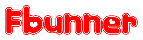 The image is a red and white graphic with the word Fbunner written in a decorative script. Each letter in  is contained within its own outlined bubble-like shape. Inside each letter, there is a white heart symbol.