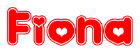 The image is a clipart featuring the word Fiona written in a stylized font with a heart shape replacing inserted into the center of each letter. The color scheme of the text and hearts is red with a light outline.