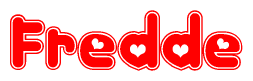 The image is a red and white graphic with the word Fredde written in a decorative script. Each letter in  is contained within its own outlined bubble-like shape. Inside each letter, there is a white heart symbol.