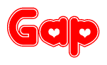 The image is a clipart featuring the word Gap written in a stylized font with a heart shape replacing inserted into the center of each letter. The color scheme of the text and hearts is red with a light outline.