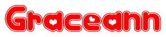 The image is a red and white graphic with the word Graceann written in a decorative script. Each letter in  is contained within its own outlined bubble-like shape. Inside each letter, there is a white heart symbol.