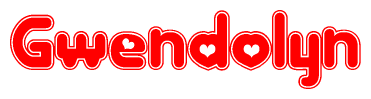 The image is a red and white graphic with the word Gwendolyn written in a decorative script. Each letter in  is contained within its own outlined bubble-like shape. Inside each letter, there is a white heart symbol.