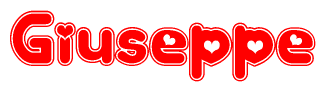 The image is a red and white graphic with the word Giuseppe written in a decorative script. Each letter in  is contained within its own outlined bubble-like shape. Inside each letter, there is a white heart symbol.