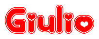 The image is a red and white graphic with the word Giulio written in a decorative script. Each letter in  is contained within its own outlined bubble-like shape. Inside each letter, there is a white heart symbol.