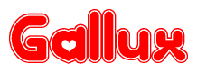 The image is a clipart featuring the word Gallux written in a stylized font with a heart shape replacing inserted into the center of each letter. The color scheme of the text and hearts is red with a light outline.