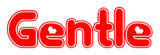 The image is a red and white graphic with the word Gentle written in a decorative script. Each letter in  is contained within its own outlined bubble-like shape. Inside each letter, there is a white heart symbol.