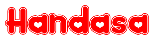 The image is a clipart featuring the word Handasa written in a stylized font with a heart shape replacing inserted into the center of each letter. The color scheme of the text and hearts is red with a light outline.