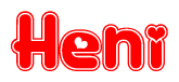 The image is a red and white graphic with the word Heni written in a decorative script. Each letter in  is contained within its own outlined bubble-like shape. Inside each letter, there is a white heart symbol.