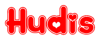 The image is a clipart featuring the word Hudis written in a stylized font with a heart shape replacing inserted into the center of each letter. The color scheme of the text and hearts is red with a light outline.