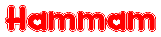 The image is a clipart featuring the word Hammam written in a stylized font with a heart shape replacing inserted into the center of each letter. The color scheme of the text and hearts is red with a light outline.