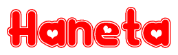 The image displays the word Haneta written in a stylized red font with hearts inside the letters.