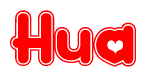 The image is a red and white graphic with the word Hua written in a decorative script. Each letter in  is contained within its own outlined bubble-like shape. Inside each letter, there is a white heart symbol.