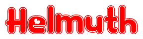 The image is a red and white graphic with the word Helmuth written in a decorative script. Each letter in  is contained within its own outlined bubble-like shape. Inside each letter, there is a white heart symbol.
