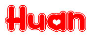 The image is a red and white graphic with the word Huan written in a decorative script. Each letter in  is contained within its own outlined bubble-like shape. Inside each letter, there is a white heart symbol.