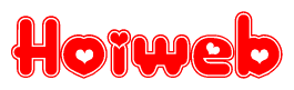 The image is a red and white graphic with the word Hoiweb written in a decorative script. Each letter in  is contained within its own outlined bubble-like shape. Inside each letter, there is a white heart symbol.