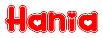 The image displays the word Hania written in a stylized red font with hearts inside the letters.