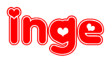 The image is a red and white graphic with the word Inge written in a decorative script. Each letter in  is contained within its own outlined bubble-like shape. Inside each letter, there is a white heart symbol.