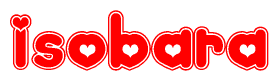 The image is a red and white graphic with the word Isobara written in a decorative script. Each letter in  is contained within its own outlined bubble-like shape. Inside each letter, there is a white heart symbol.