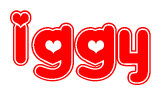 The image is a red and white graphic with the word Iggy written in a decorative script. Each letter in  is contained within its own outlined bubble-like shape. Inside each letter, there is a white heart symbol.
