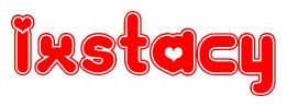 The image is a clipart featuring the word Ixstacy written in a stylized font with a heart shape replacing inserted into the center of each letter. The color scheme of the text and hearts is red with a light outline.