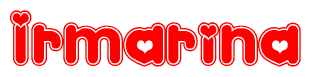 The image is a red and white graphic with the word Irmarina written in a decorative script. Each letter in  is contained within its own outlined bubble-like shape. Inside each letter, there is a white heart symbol.