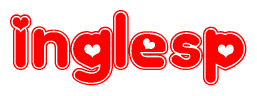 The image is a red and white graphic with the word Inglesp written in a decorative script. Each letter in  is contained within its own outlined bubble-like shape. Inside each letter, there is a white heart symbol.