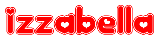 The image is a red and white graphic with the word Izzabella written in a decorative script. Each letter in  is contained within its own outlined bubble-like shape. Inside each letter, there is a white heart symbol.