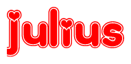 The image is a red and white graphic with the word Julius written in a decorative script. Each letter in  is contained within its own outlined bubble-like shape. Inside each letter, there is a white heart symbol.