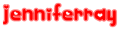 The image is a clipart featuring the word Jenniferray written in a stylized font with a heart shape replacing inserted into the center of each letter. The color scheme of the text and hearts is red with a light outline.