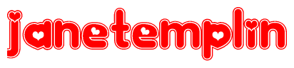 The image is a red and white graphic with the word Janetemplin written in a decorative script. Each letter in  is contained within its own outlined bubble-like shape. Inside each letter, there is a white heart symbol.