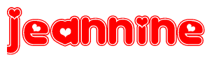 The image is a clipart featuring the word Jeannine written in a stylized font with a heart shape replacing inserted into the center of each letter. The color scheme of the text and hearts is red with a light outline.